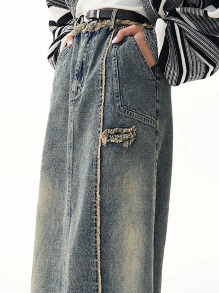 Patchwork Denim Washed Long Skirt