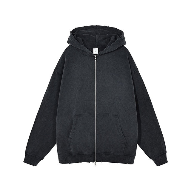 Basic Ripped Grey Zipper Hoodie