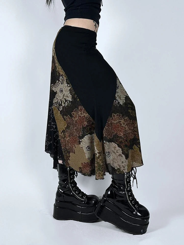 Vintage Floral Print Laced Long Skirt