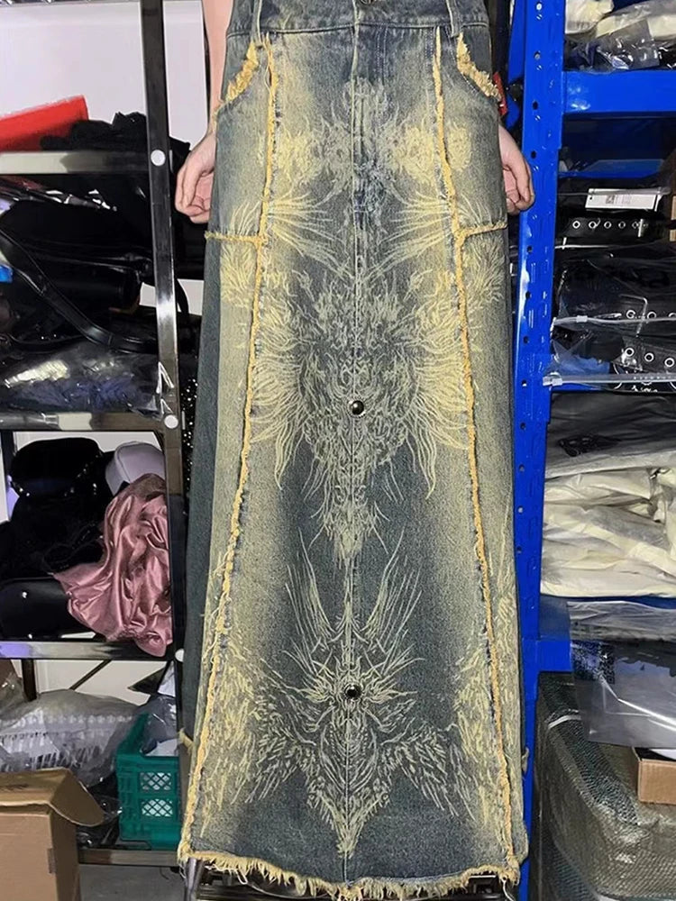 Rhinestones Patchwork Denim Long Skirt