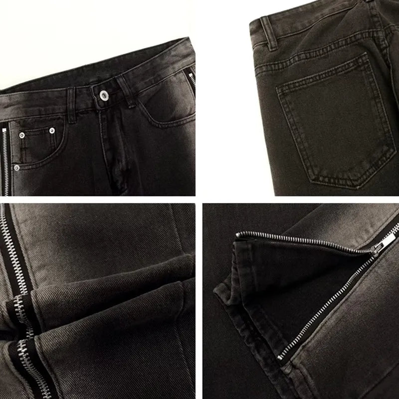 Zipper Flared Washed Jeans