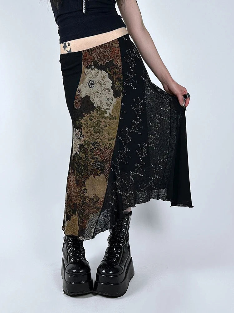 Vintage Floral Print Laced Long Skirt