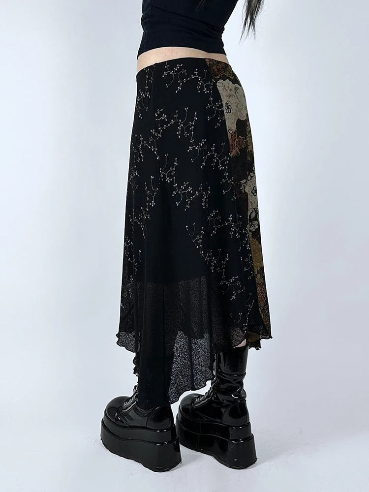 Vintage Floral Print Laced Long Skirt