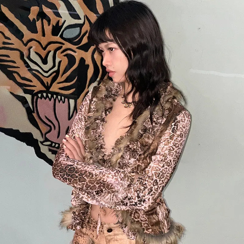 Japanese Animal Print Faux Leather Blazer Jacket