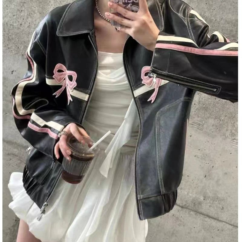 Coquette Bow Faux Leather Jacket