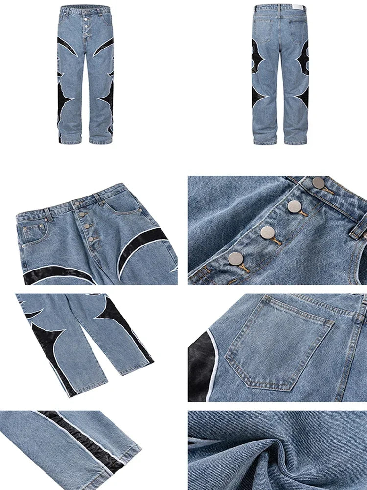 PU Leaher Embroidery Patchwork Baggy Jeans