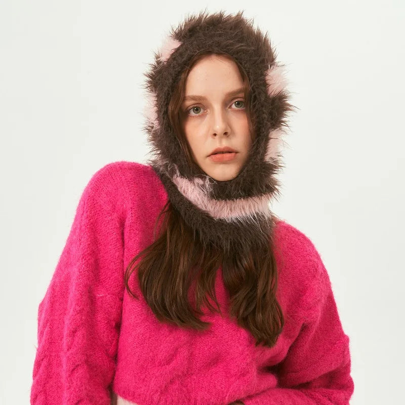 Contrast Fluffy Mohair Balaclava Hat