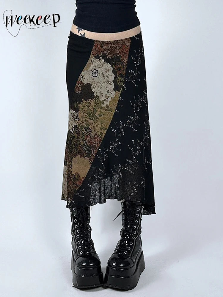 Vintage Floral Print Laced Long Skirt