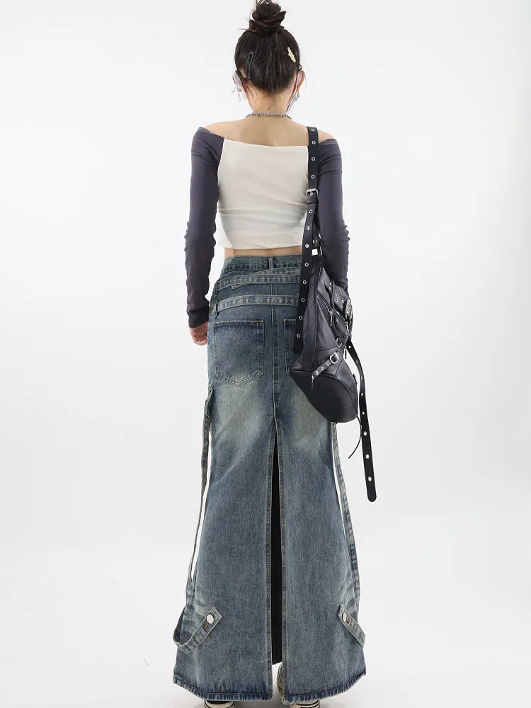 Long Washed Denim Skirt