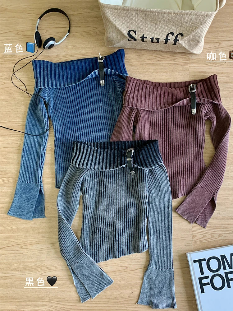 Off Shoulder Longsleeve Stripped Knit