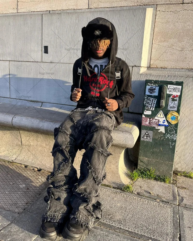 Patchwork Distressed Baggy Jeans