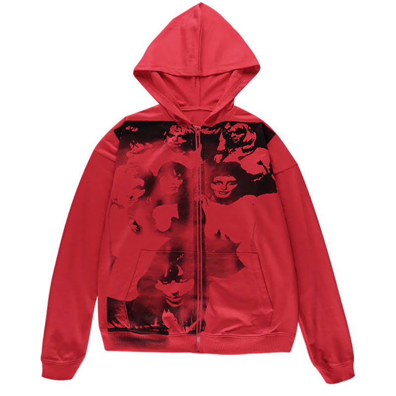 Red Print Zipper Hoodie, 00s, Y2K - Tisso Clothing