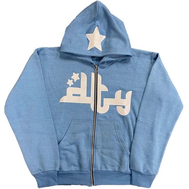 Star Letter Print Zipper Hoodies