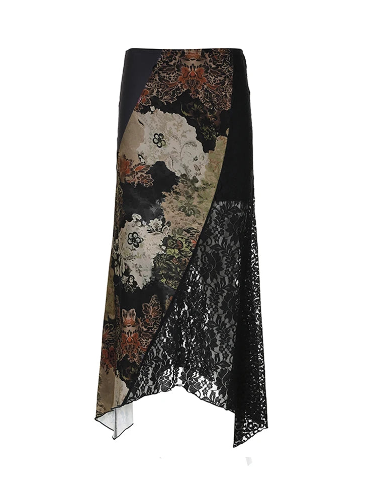 Vintage Floral Print Laced Long Skirt