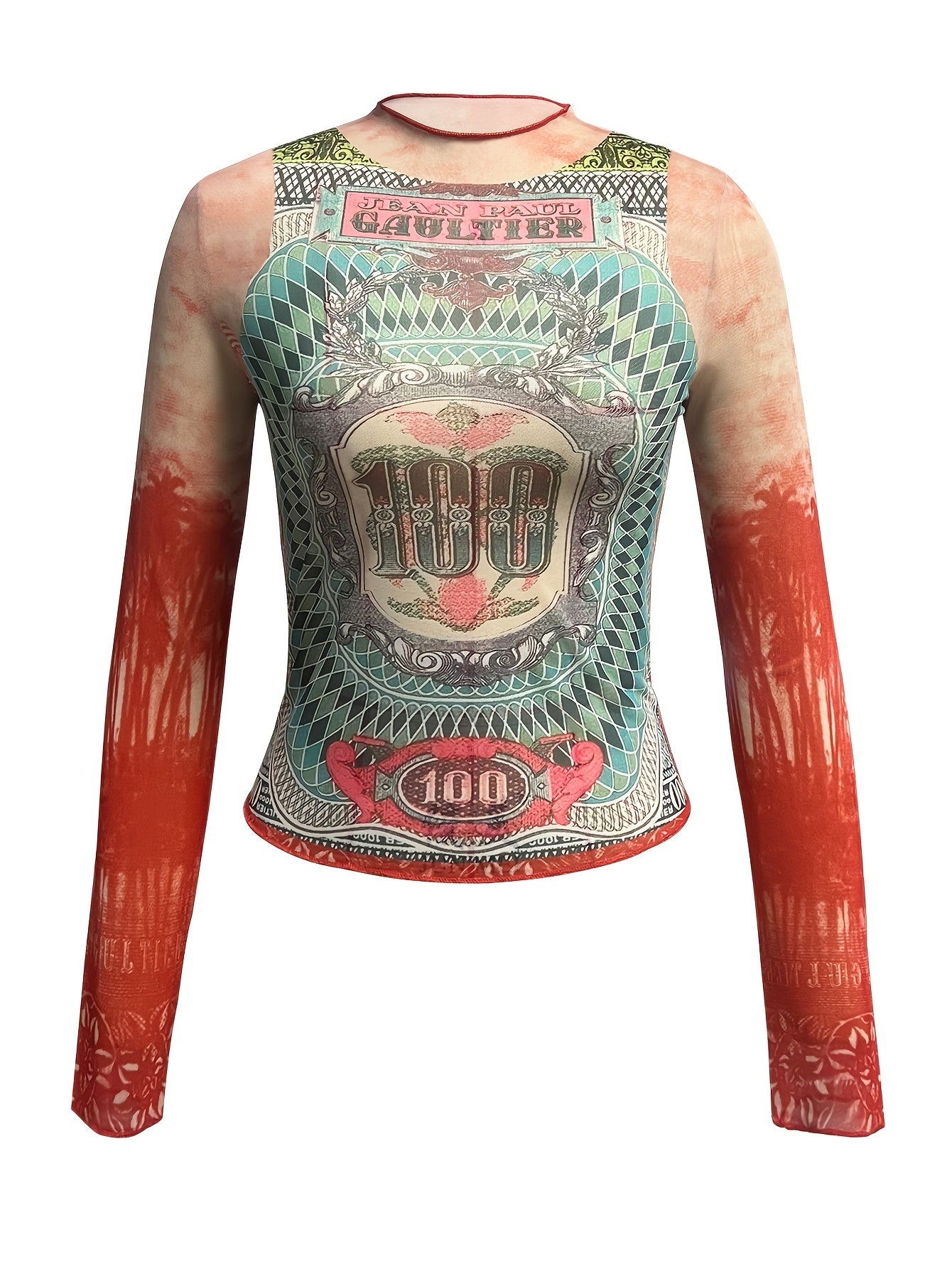 Graphic Print Mesh Longsleeve Top