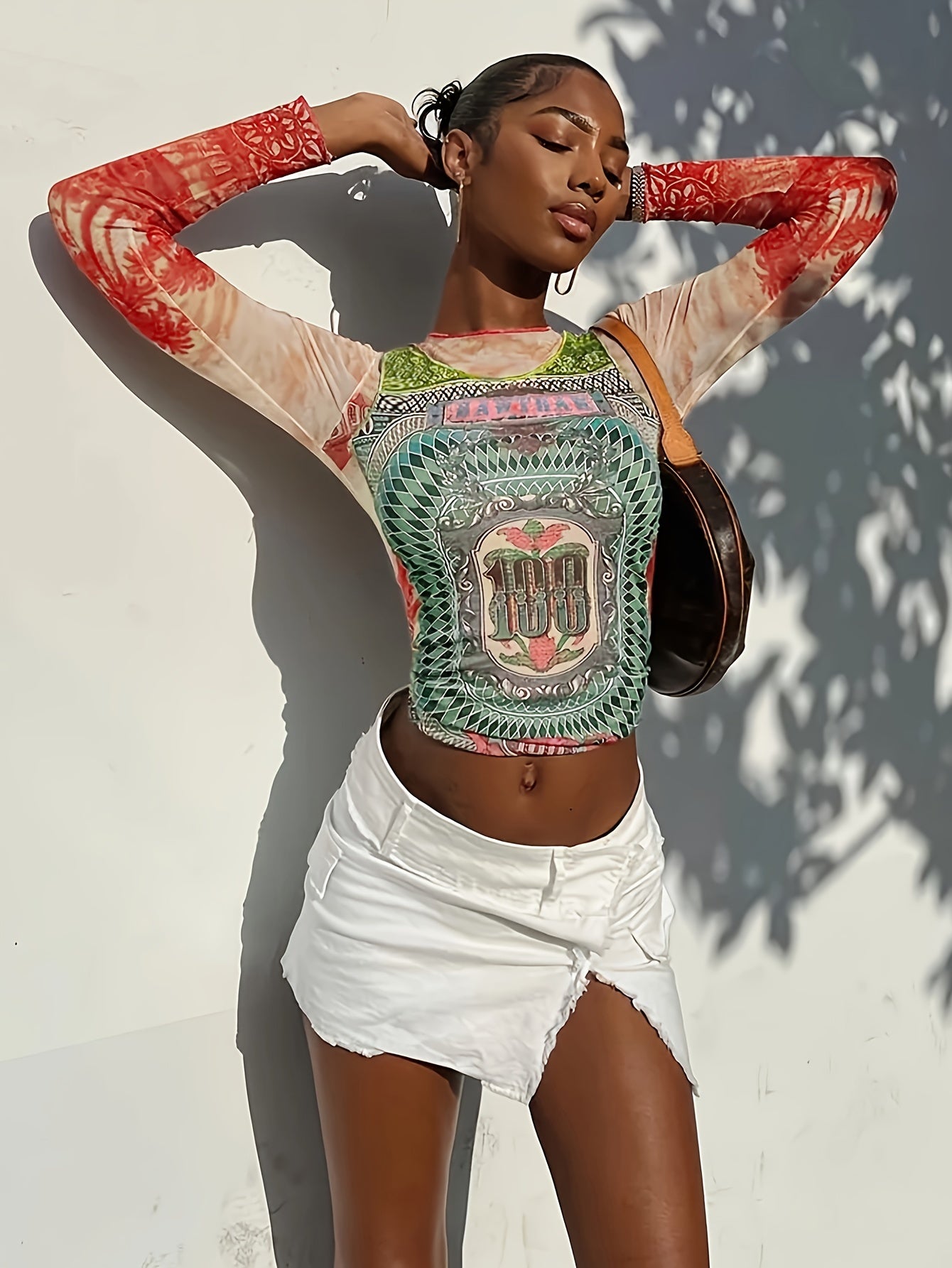 Graphic Print Mesh Longsleeve Top