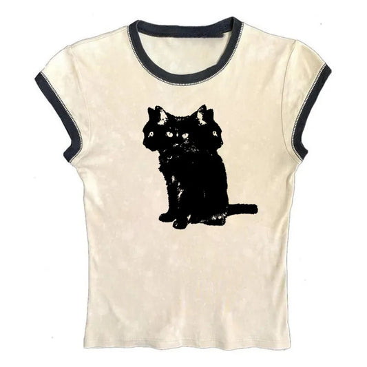 Black Cat Graphic Cropped Top