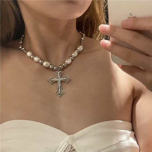 Vintage Pearls Cross Pendant Necklace